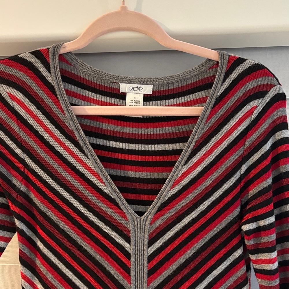 Cache V-Neck Sweater - Red, Black, Gray Stripes
